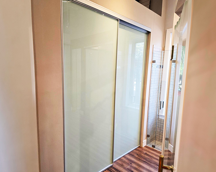 Sliding Barn Doors & Room Dividers, Shown Here with Artistic Etched Glass Design Done by our In-House Art Glass Team